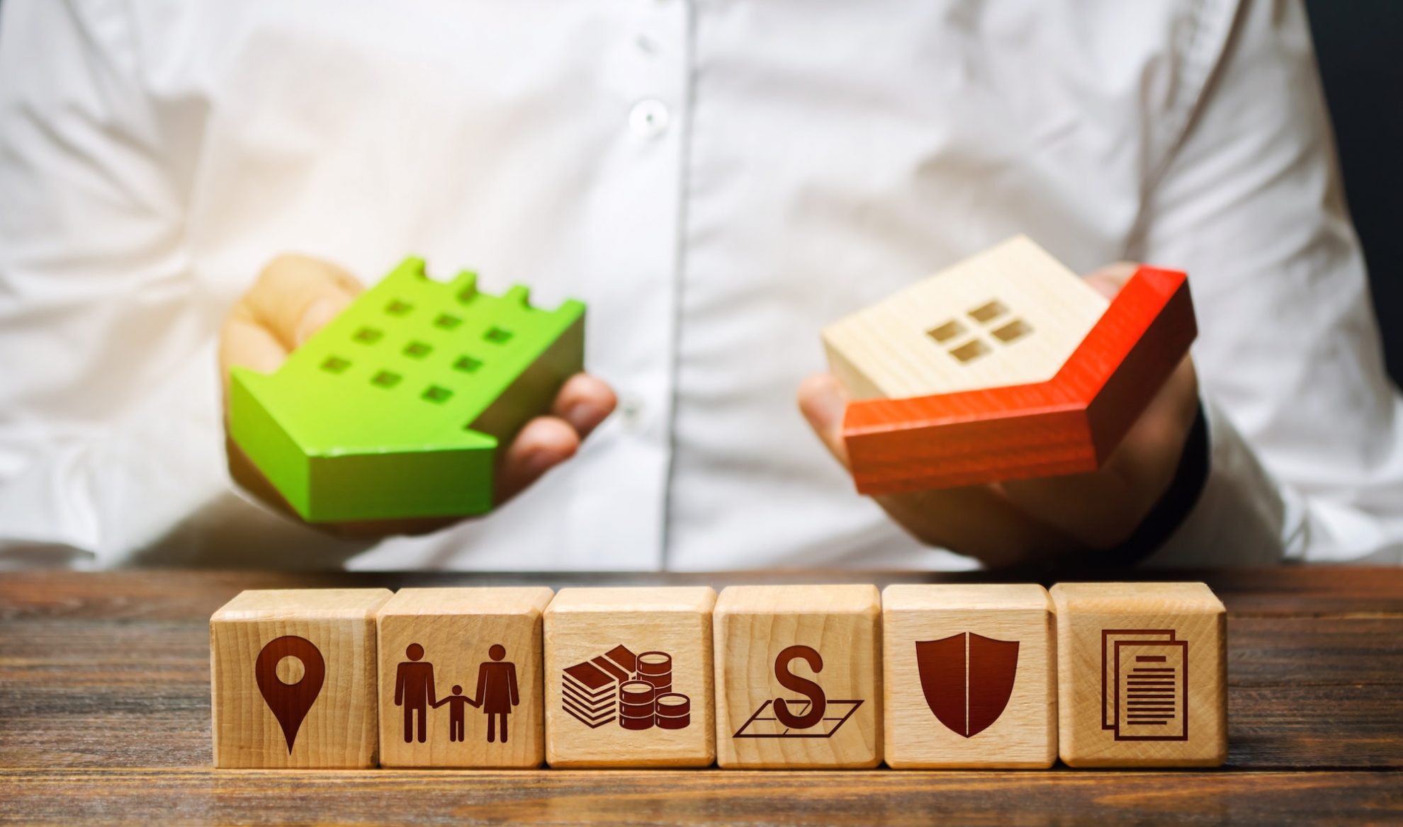 real estate buyer chooses the best option and blocks with life attributes necessary conditions and